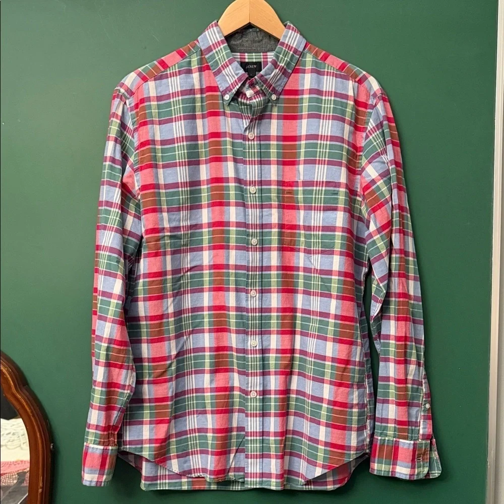 J. Crew Green, Pink & Blue Spring Inspired Plaid Button-Down Mens L Shirt Cotton